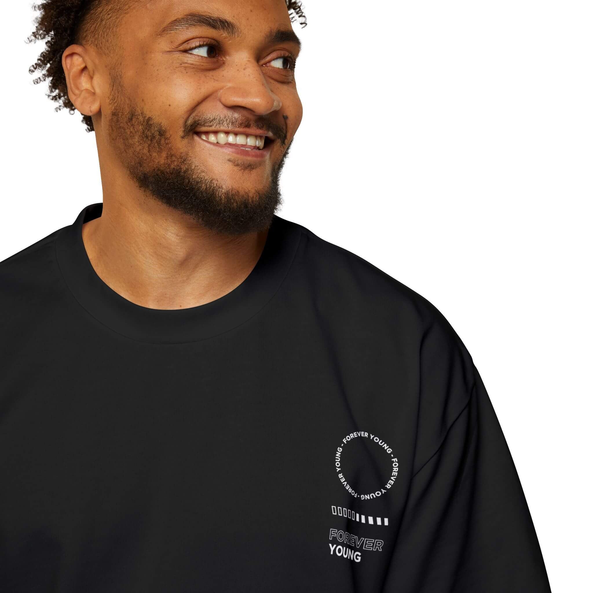forever-young-black-unisex-tshirt-Person-Closeup.jpg