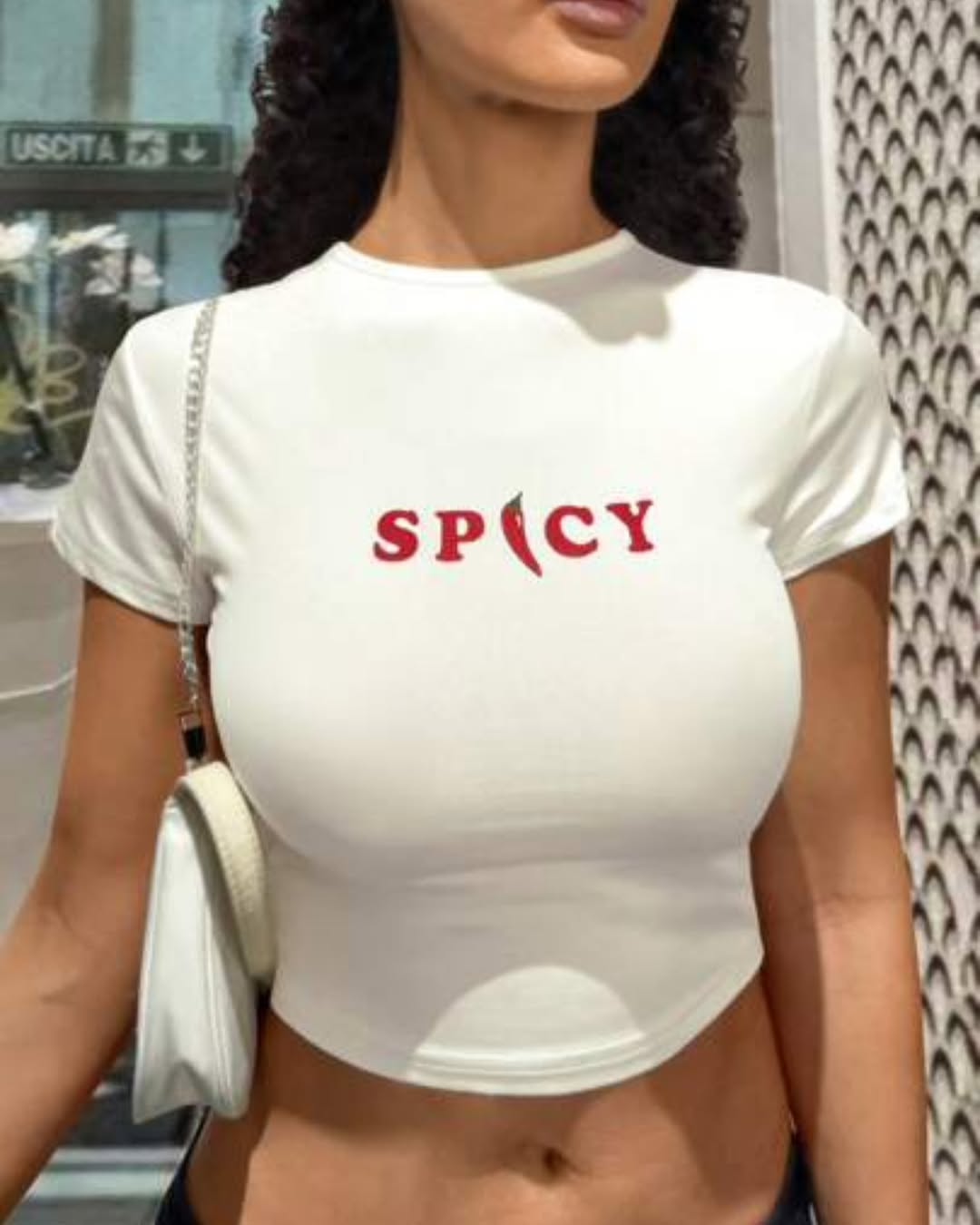 Spicy Graphic Baby Tee - White Fitted Crop Top for Women