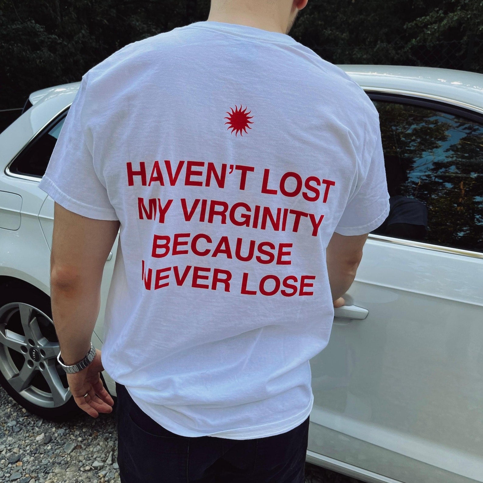 Men’s Funny Graphic Tee – "Haven’t Lost My Virginity Because I Never Lose"