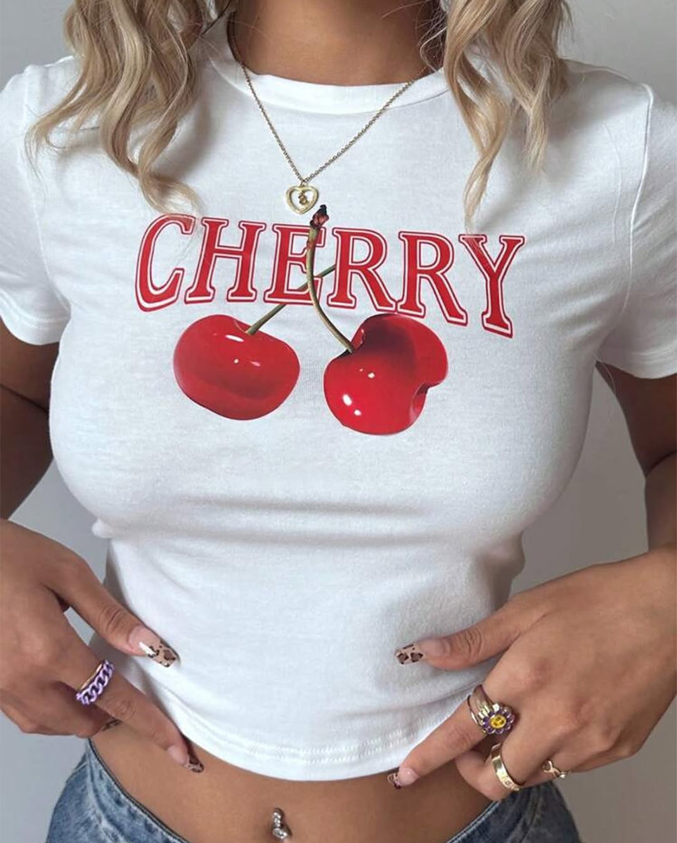 Cherry White Baby Tee | Crop Top