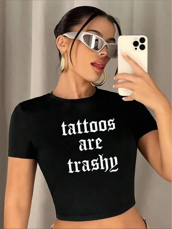 Tattoos Are Trashy Black Baby Tee for Women