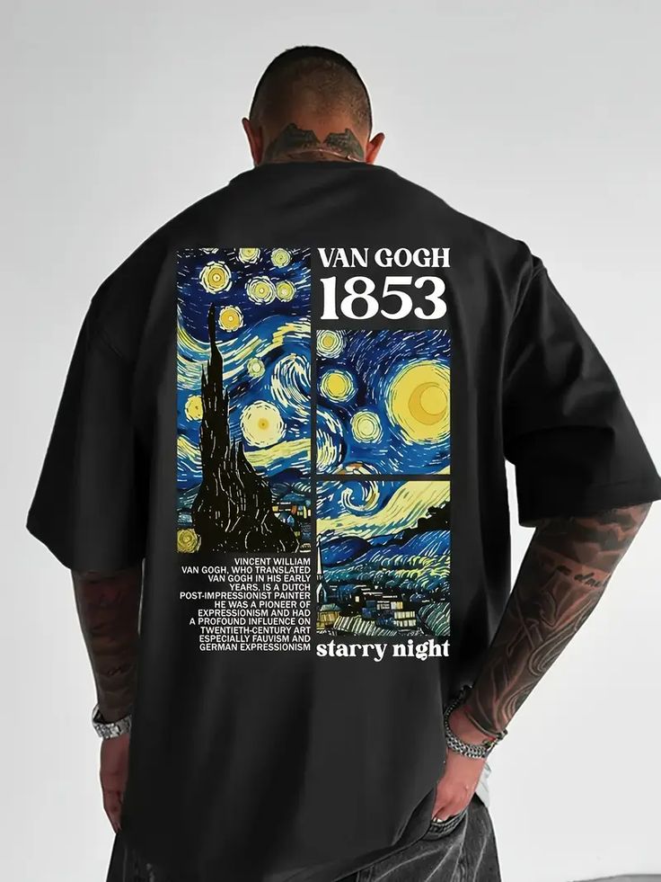 Men's Oversized Van Gogh "Starry Night" Art Graphic T-Shirt – Black Streetwear Tee