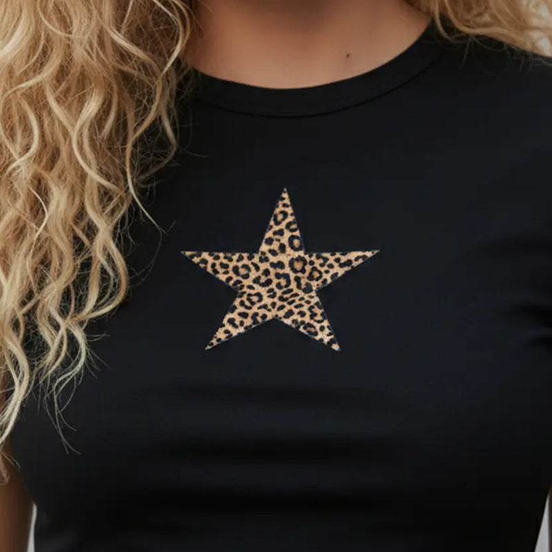 Leopard Star Black Crop Top Baby Tee – Fitted Aesthetic Women’s Crop Top Baby Tee