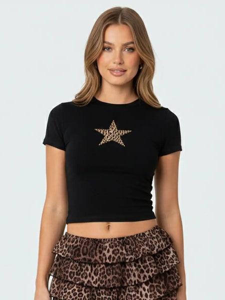 Leopard Star Black Crop Top Baby Tee – Fitted Aesthetic Women’s Crop Top Baby Tee