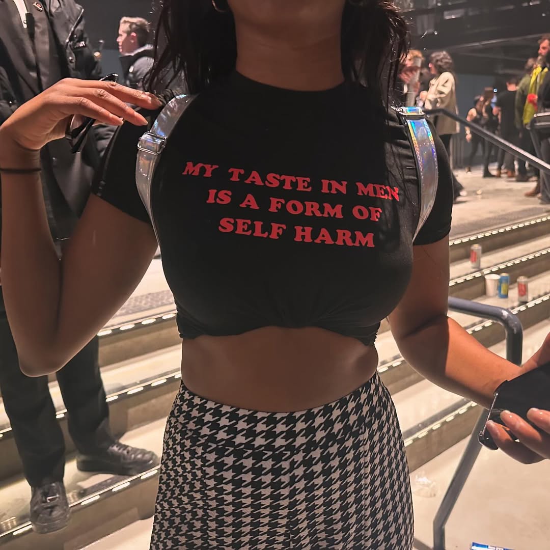 Edgy Black Baby Tee Crop Top – Bold Statement Graphic for Women