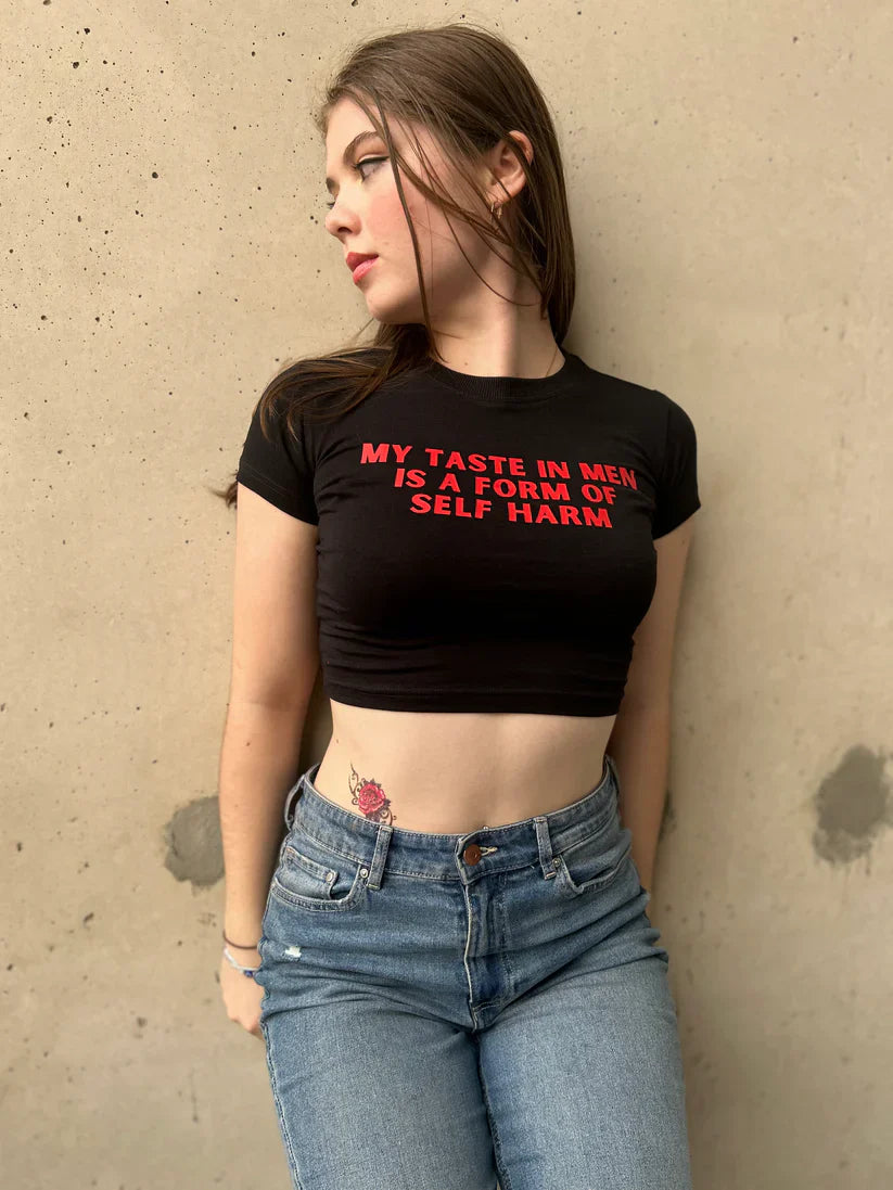 Edgy Black Baby Tee Crop Top – Bold Statement Graphic for Women