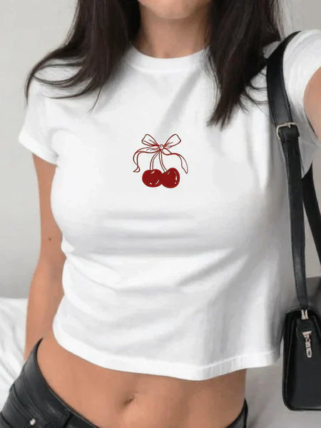 Cherry Baby Tee – White Aesthetic Crop Top