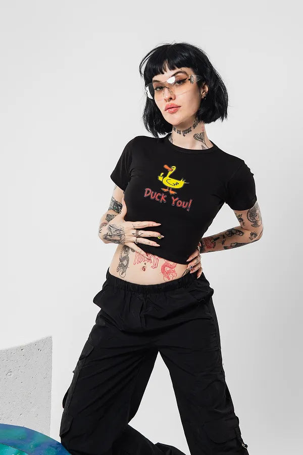 Duck You Baby Tee – Black | Edgy Y2K Graphic Crop Top for Women