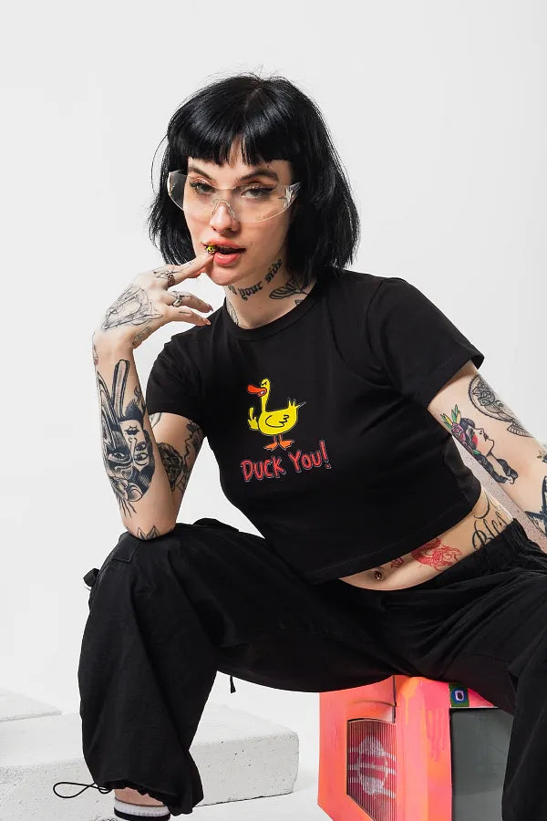 Duck You Baby Tee – Black | Edgy Y2K Graphic Crop Top for Women