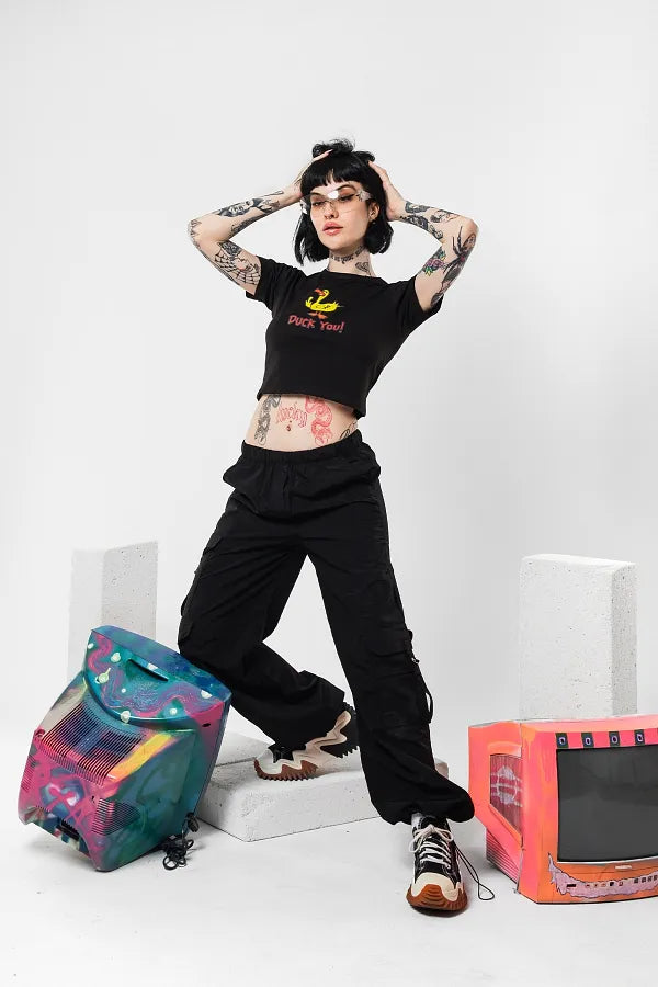 Duck You Baby Tee – Black | Edgy Y2K Graphic Crop Top for Women