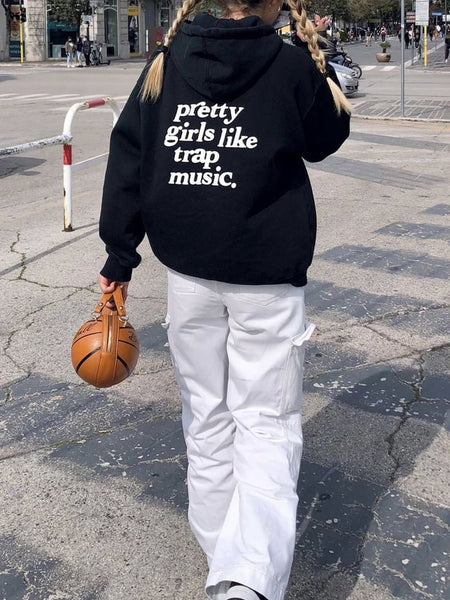 Women's Black Oversized Hoodie - Pretty Girls Like Trap Music