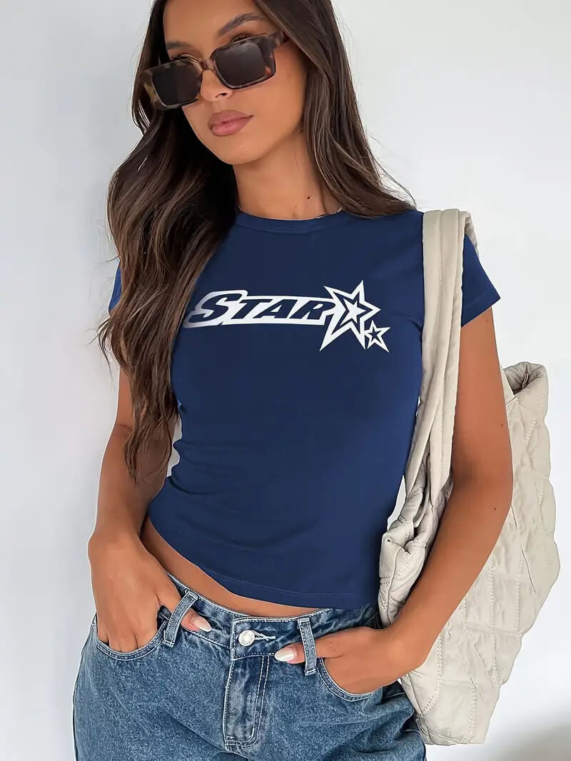 Star Navy Blue Baby Tee | Crop Top - SALE