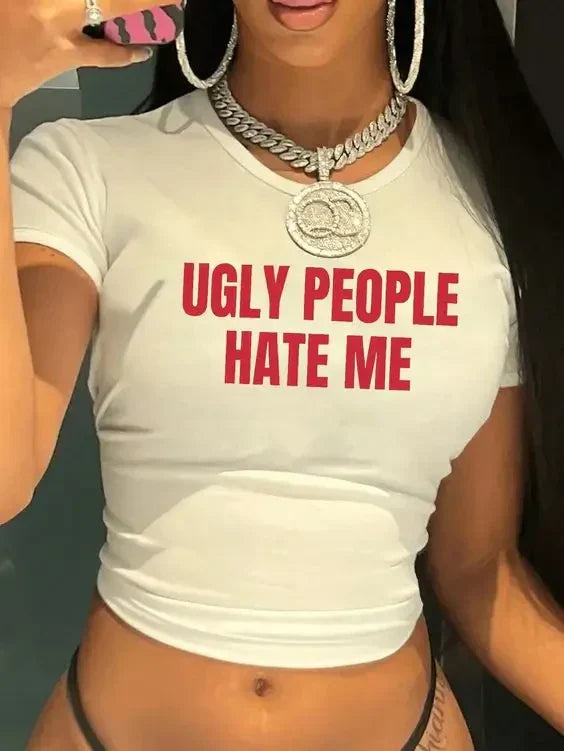 Ugly People Hate Me Baby Tee | White Crop Top - SALE