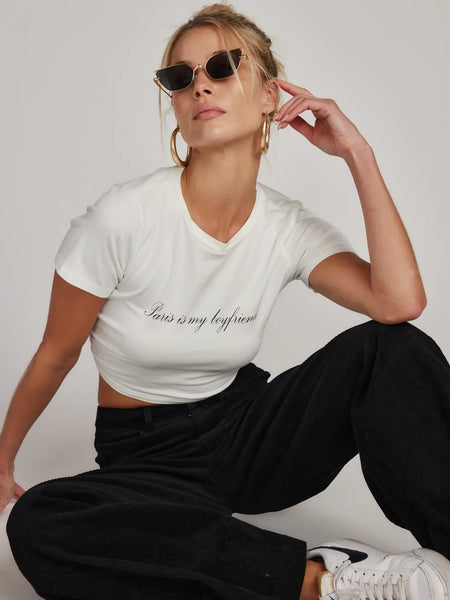 Paris Is My Boyfriend White Crop Tee 