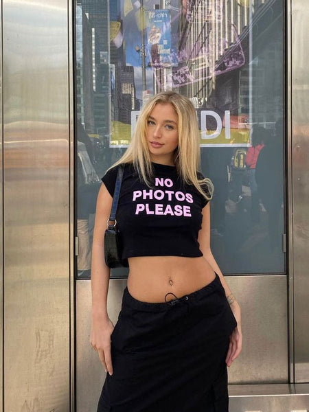 No Photos Please Crop Top – Black Baby Tee