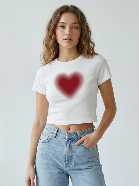 Minimal Red Heart Crop Top Baby Tee | Soft Cotton Fitted T-Shirt for Women – Zyra Drip