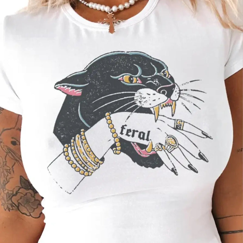 Feral Panther Graphic Baby Tee for Women – White Cropped Cotton Top