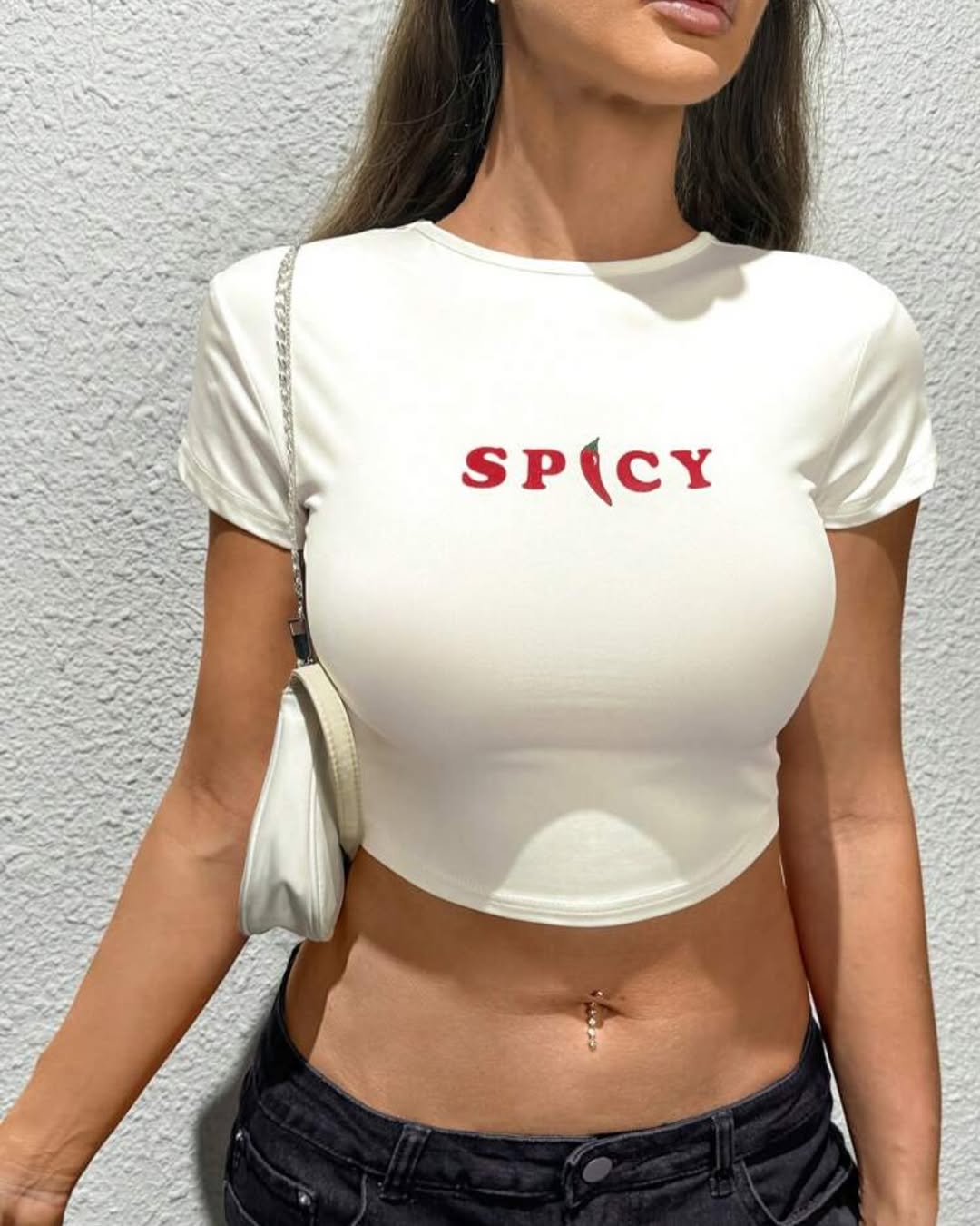Spicy Graphic Baby Tee - White Fitted Crop Top for Women