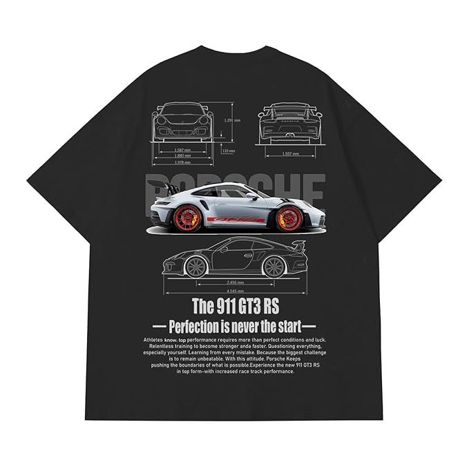 Porsche 911 GT3 RS Oversized Black T-Shirt – Supercar Blueprint Graphic Tee | Unisex