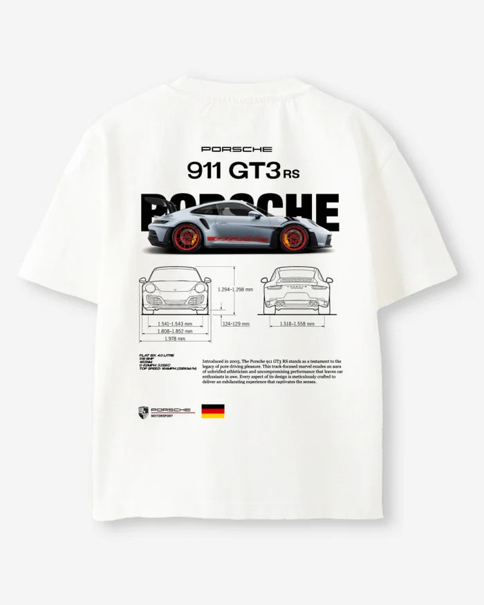 Porsche 911 GT3 RS Oversized Black T-Shirt – Supercar Blueprint Graphic Tee | Unisex