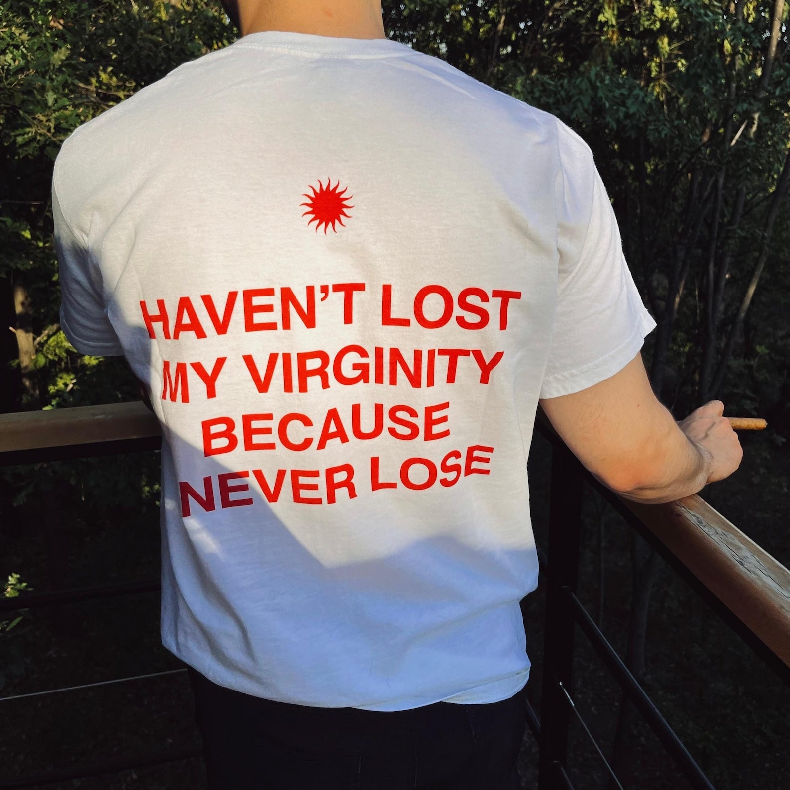 Men’s Funny Graphic Tee – "Haven’t Lost My Virginity Because I Never Lose"