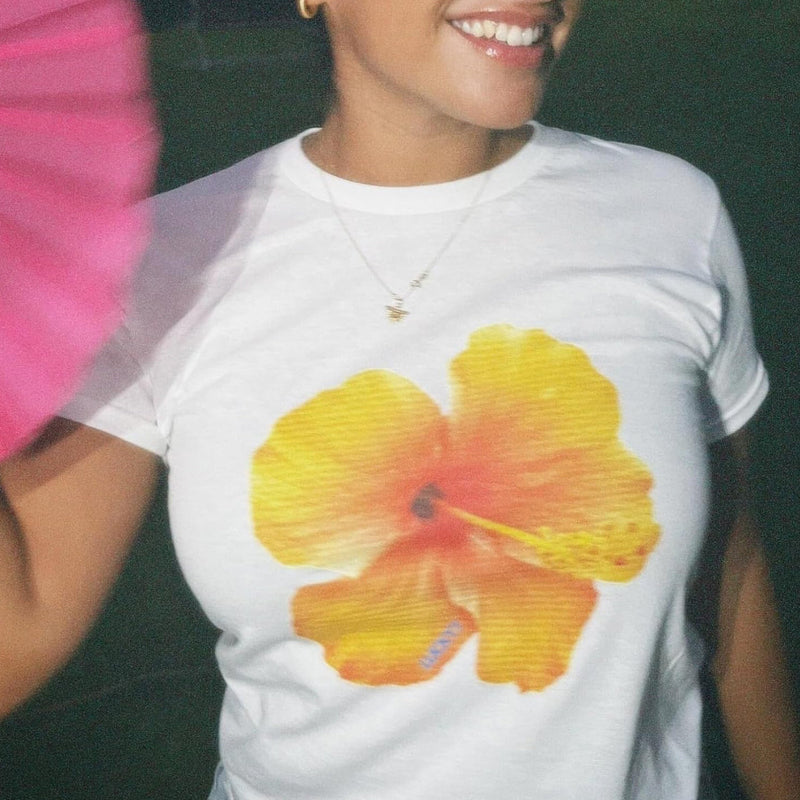 Yellow Hibiscus Graphic Baby Tee – Trendy Floral Crop Top Color white