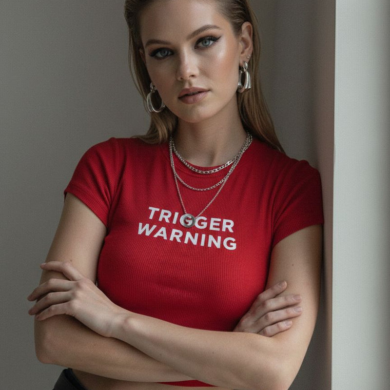 Women’s Red “Trigger Warning” Baby Tee – Slim Fit Ribbed Crop Top