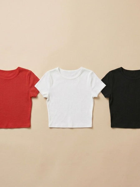 Pack of 3 Baby Tees for Women – Red, White & Black | Stretchable Lycra Cotton Fitted Crop Tops