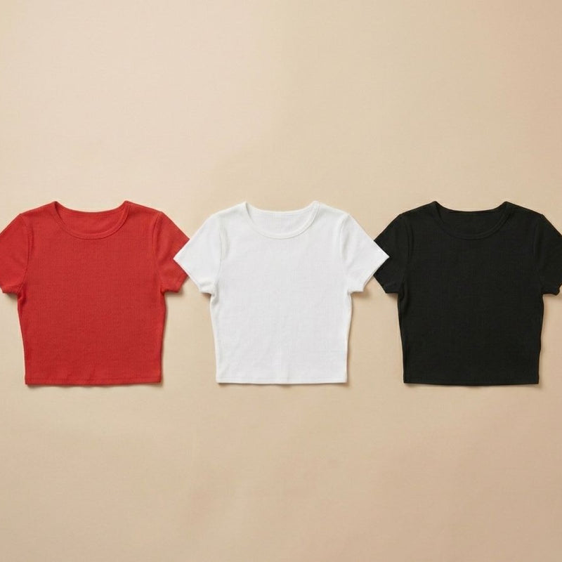 Pack of 3 Baby Tees for Women – Red, White & Black | Stretchable Lycra Cotton Fitted Crop Tops