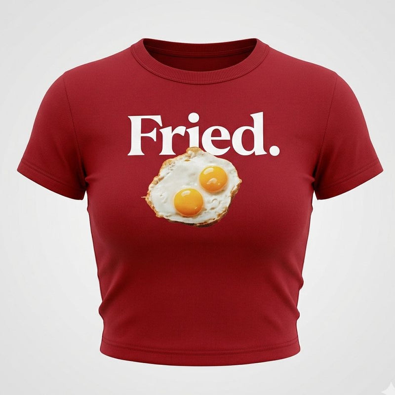 Women’s Red “Fried.” Baby Tee – Slim Fit Ribbed Crop Top with Egg Graphic