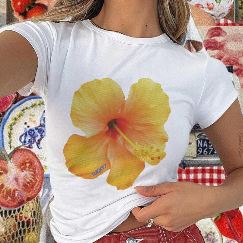 Yellow Hibiscus Graphic Baby Tee – Trendy Floral Crop Top Color white