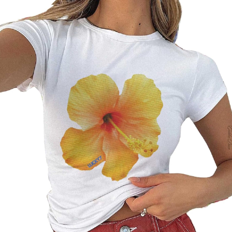 Yellow Hibiscus Graphic Baby Tee – Trendy Floral Crop Top Color white