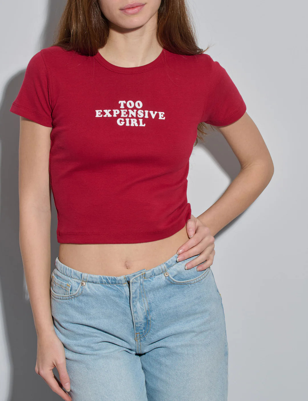 Too Expensive Girl Red Baby Tee - Women's Fitted Crop Top