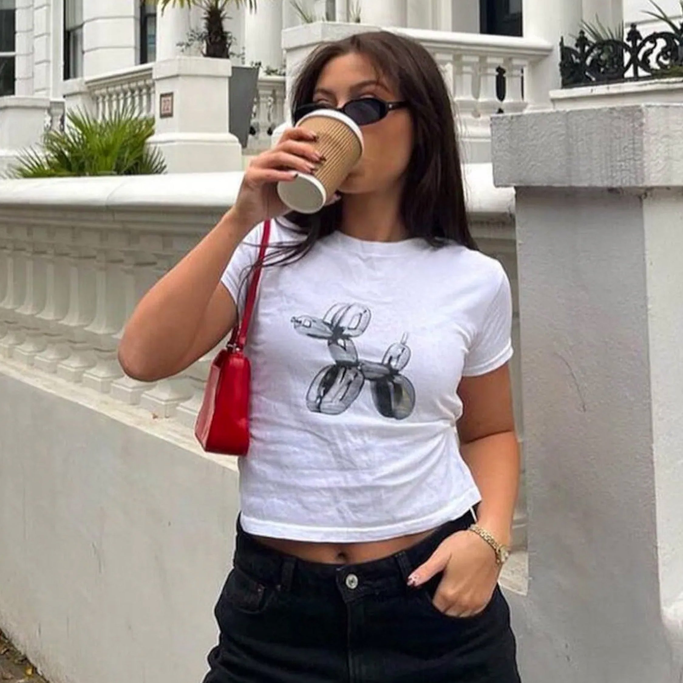 White Balloon Dog Baby Tee – Trendy Women’s Cropped Graphic T-Shirt